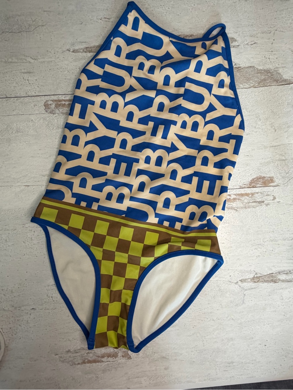 Burberry Blue and Beige Logo Kids One-Piece with Green Checkerboard Trim